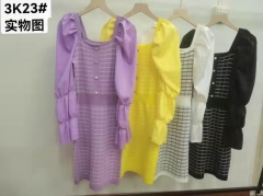 气质方领连衣裙2021年新款泡泡袖拼接针织包臀裙