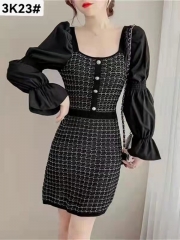 气质方领连衣裙2021年新款泡泡袖拼接针织包臀裙