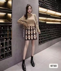 甜美少女风菱格撞色提花半身裙