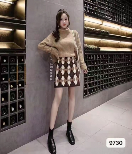 甜美少女风菱格撞色提花半身裙