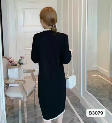 赫本风半高领木耳边过膝连衣裙-仿棉