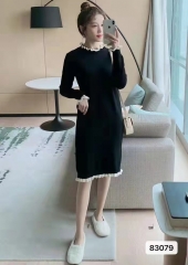 赫本风半高领木耳边过膝连衣裙-仿棉