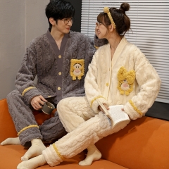 J6107-J6108秋冬季情侣睡衣加厚法兰绒女开衫长毛提花绒珊瑚绒男卡通