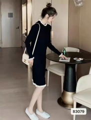 赫本风半高领木耳边过膝连衣裙-仿棉