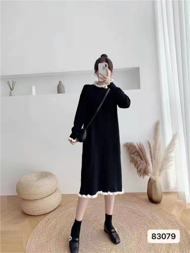 赫本风半高领木耳边过膝连衣裙-仿棉