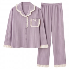 6804春秋季长袖开衫翻领纯色6535棉双面精梳家居服
