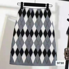 甜美少女风菱格撞色提花半身裙