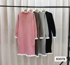 赫本风半高领木耳边过膝连衣裙-仿棉