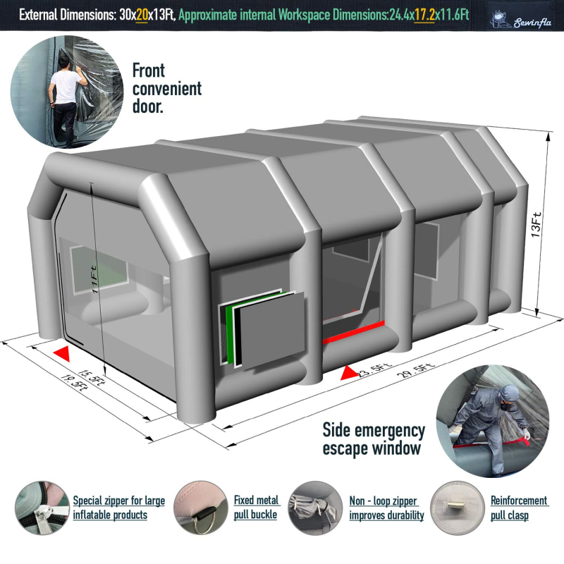 Sewinfla Professional Inflatable Paint Booth 30x20x13Ft with Blowers Upgrade Inflatable Spray Booth More Durable Portable Car Painting Booth Tent with Air Filter System