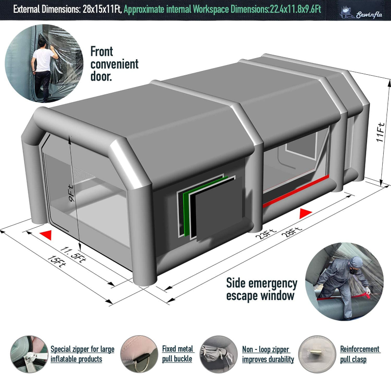 Sewinfla Professional Inflatable Paint Booth 28x15x11Ft with Blowers Upgrade Inflatable Spray Booth More Durable Portable Car Painting Booth Tent with Air Filter System