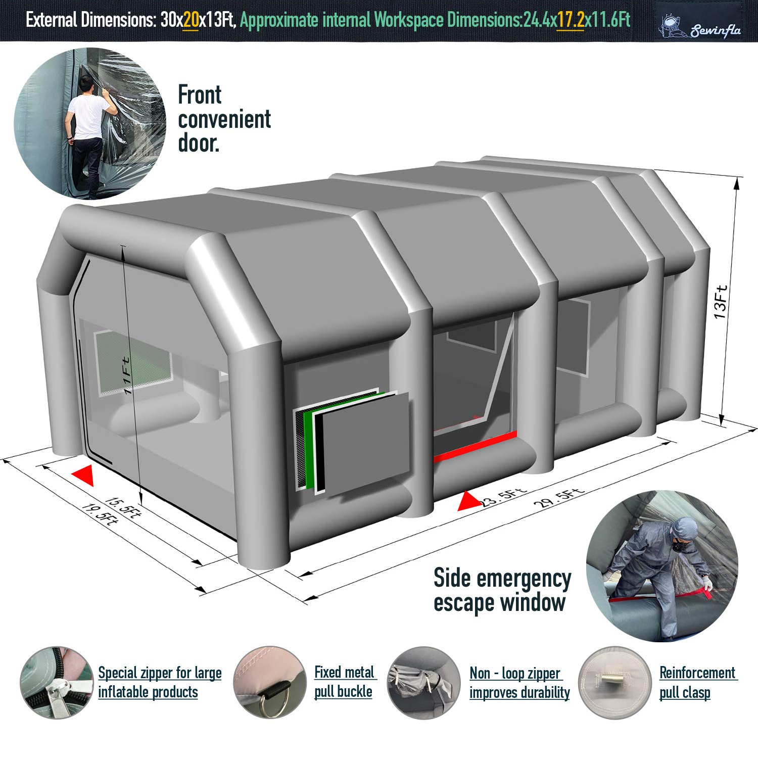 Sewinfla Professional Inflatable Paint Booth 30x20x13Ft with 3 Blowers