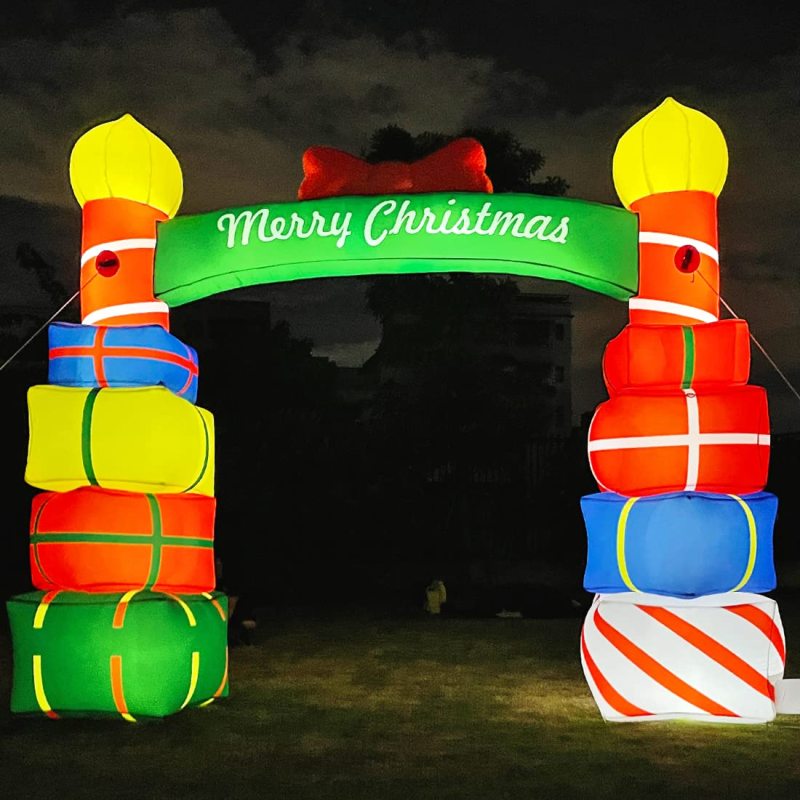 10Ft Tall Lighted Festival Celebration Inflatable Arch Stacked Colorful Gift Boxes with Red Bow - Lights Outdoor Indoor Holiday Decorations - Blow up Yard Giant Lawn Inflatables Outside Decor