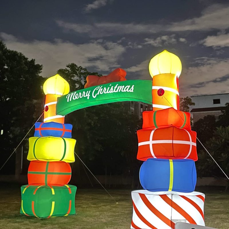 10Ft Tall Lighted Festival Celebration Inflatable Arch Stacked Colorful Gift Boxes with Red Bow - Lights Outdoor Indoor Holiday Decorations - Blow up Yard Giant Lawn Inflatables Outside Decor