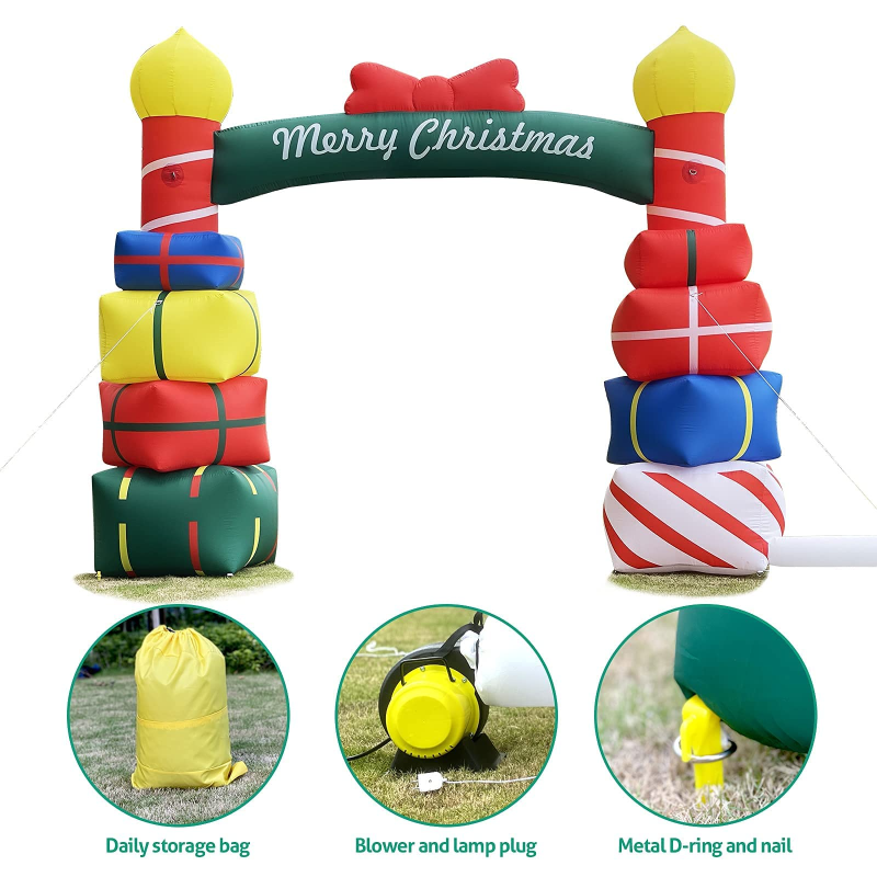 10Ft Tall Lighted Festival Celebration Inflatable Arch Stacked Colorful Gift Boxes with Red Bow - Lights Outdoor Indoor Holiday Decorations - Blow up Yard Giant Lawn Inflatables Outside Decor