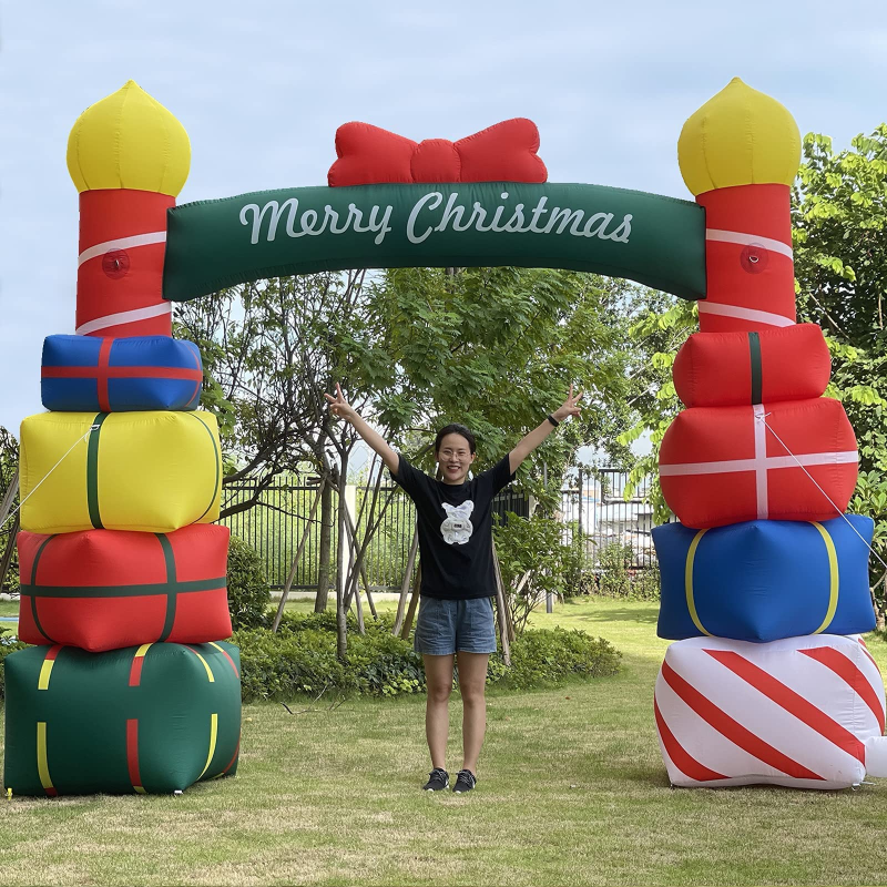 10Ft Tall Lighted Festival Celebration Inflatable Arch Stacked Colorful Gift Boxes with Red Bow - Lights Outdoor Indoor Holiday Decorations - Blow up Yard Giant Lawn Inflatables Outside Decor