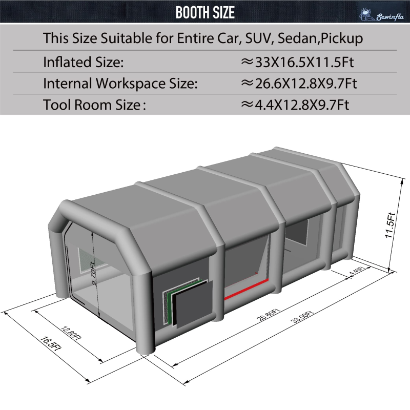 Sewinfla Professional Inflatable Paint Booth 33x16.5x11.5Ft with 3 Blowers (750W+950W+950W) & Air Filter System Portable Paint Booth Tent Garage Inflatable Spray Booth Painting for Cars