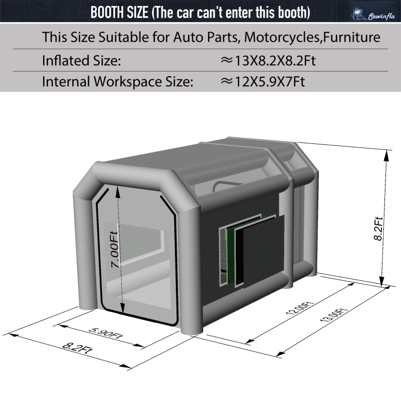 Sewinfla Professional Inflatable Paint Booth 13x8.2x8.2Ft with 2 Blowers (450W+750W) & Air Filter System Portable Paint Booth Tent Garage Inflatable Spray Booth Painting for Parts,Motorcycles