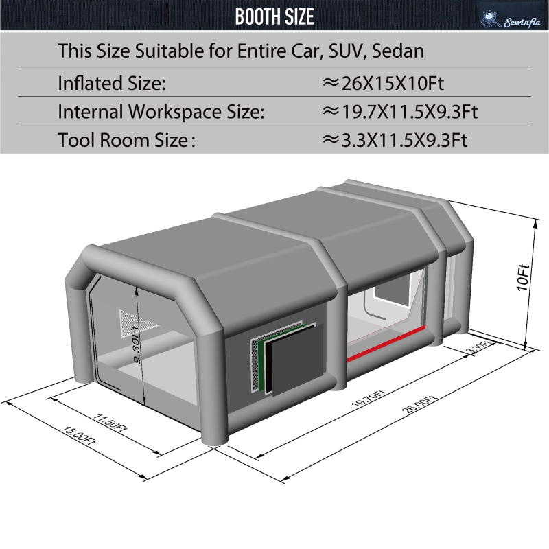 Sewinfla Professional Inflatable Paint Booth 26x15x10Ft with 2 Blowers (750W+950W) & Air Filter System Portable Paint Booth Tent Garage Inflatable Spray Booth Painting for Cars