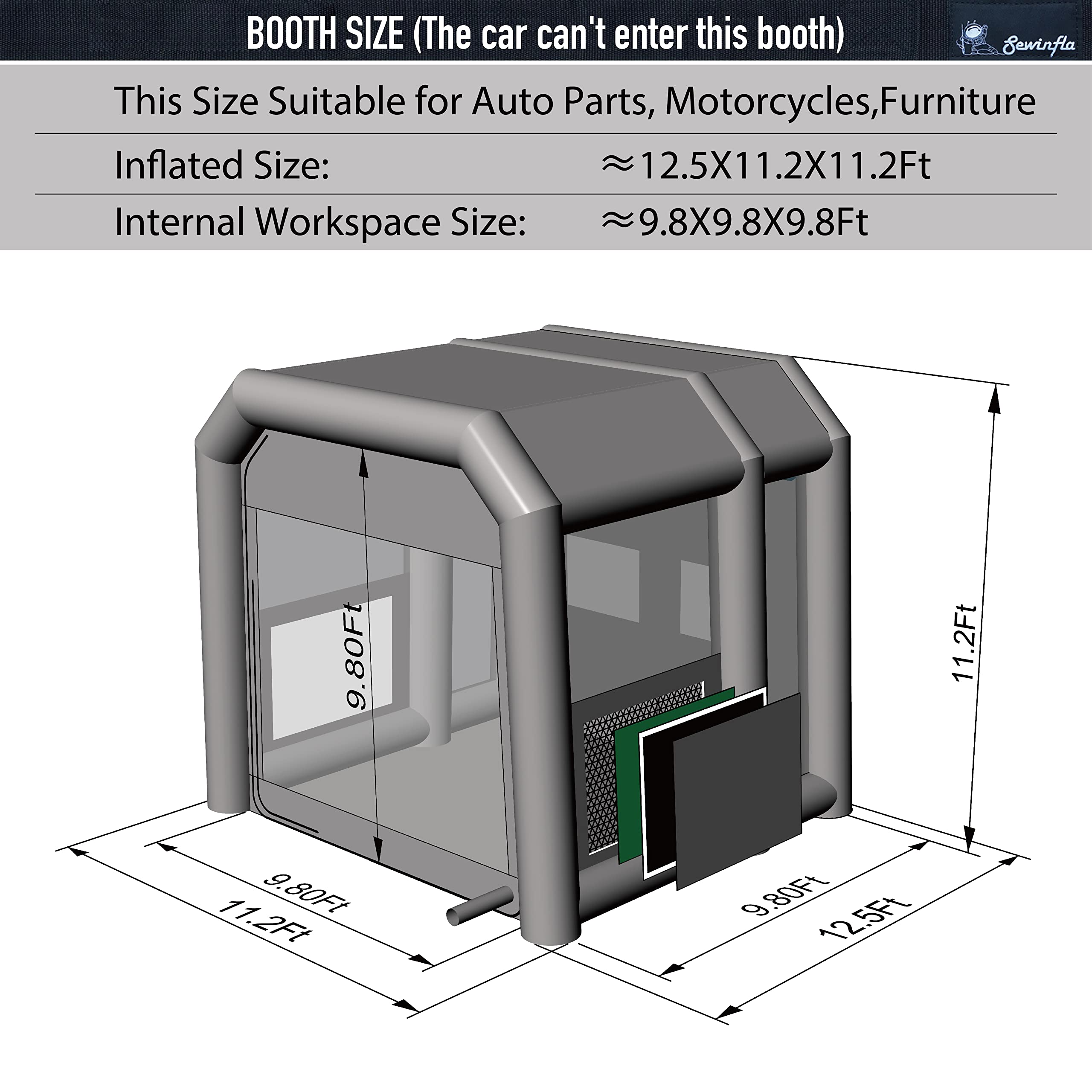 Sewinfla Professional Inflatable Paint Booth 12.5x11.2x11.2Ft with 2 Blowers (450W+750W) & Air Filter System Portable Paint Booth Tent Garage