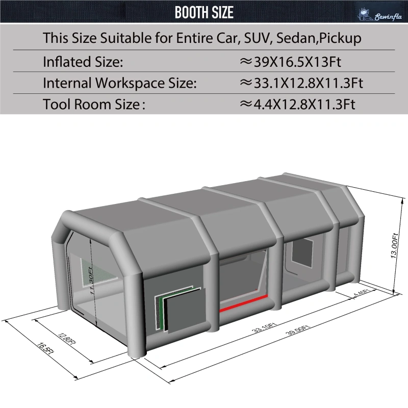 Sewinfla Professional Inflatable Paint Booth 39x16.5x13Ft with 3 Blowers (750W+950W+950W) & Air Filter System Portable Paint Booth Tent Garage Inflatable Spray Booth Painting for Cars