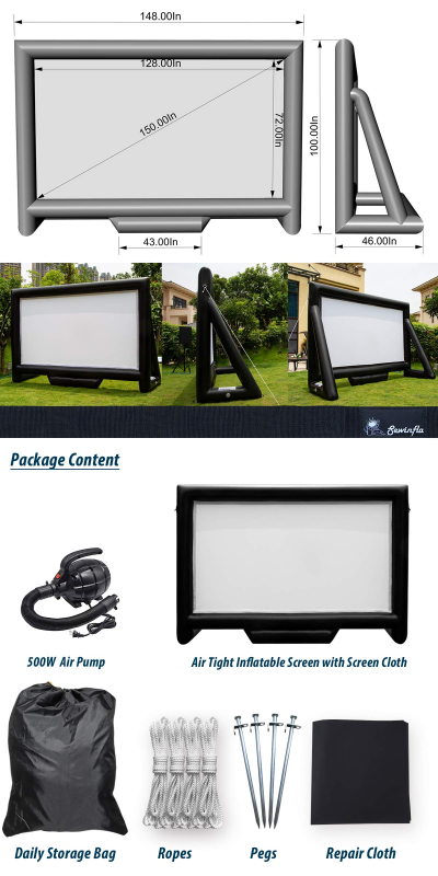 Sewinfla Upgraded Outdoor Movie Screen 15ft- Airtight Design Inflatable Movie Projector Screen for Outdoor/Indoor Use - No Need to Keep Inflating - Supports Front and Rear Projection