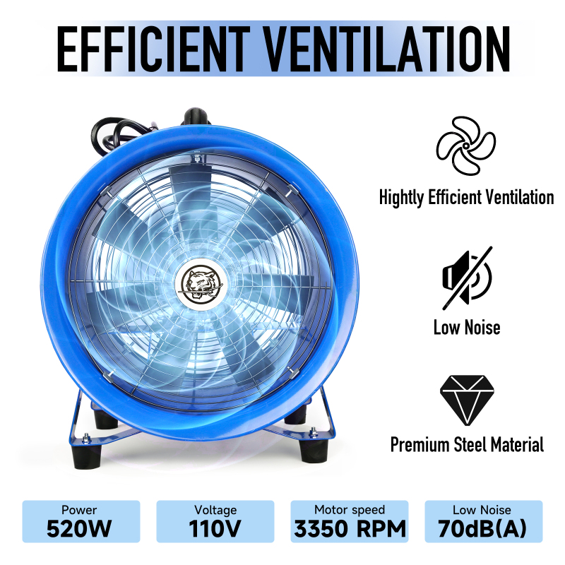 Utility Axial Fan 12 Inch, 520W with 33Ft Duct Hose Pipe, Portable Exhaust and Ventilator Fan, Air Ventilation with 2437 CFM, 3350 RFM (Shipment Date: July 15th)