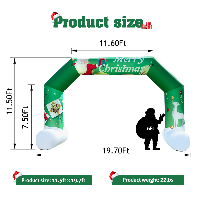 Sewinfla 20ft Green Inflatable Christmas Arch with 250W Blower, Blow Up Green Inflatables Santa Claus and Snowman Archway for Xmas Party Arch and Outdoor Decoration