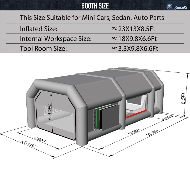 Sewinfla Inflatable Paint Booth 23x13x8.5Ft with Exhaust Fan and MINI Air Draft Device (Great Value Combo) -Upgrade 2024 Design Inflatable Portable Paint Spray Booth with Air Filter System for Parts,Motorcycles