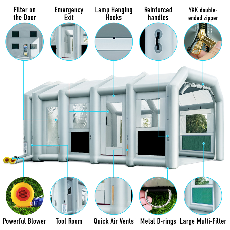 Sewinfla Professional Inflatable Paint Booth 56X25X20Ft/17X7.6X6m Environmentally-Friendly Air Filter System Portable Paint Booth More Durable Inflatable Spray Booth with Powerful Blowers