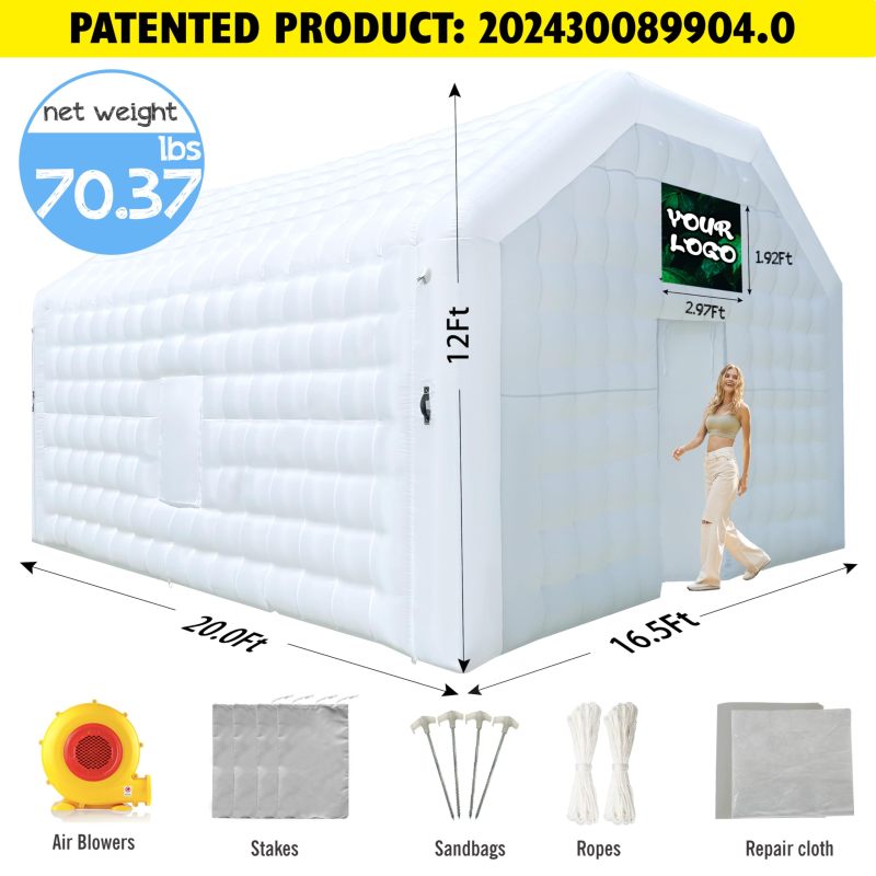 White Inflatable Night Club 20x16.5x12Ft Large Inflatable Party Tent with Logo Area Blow up Portable Nightclub Tent for Adults Wedding Birthday Raves Dance Floor Yard Party Business