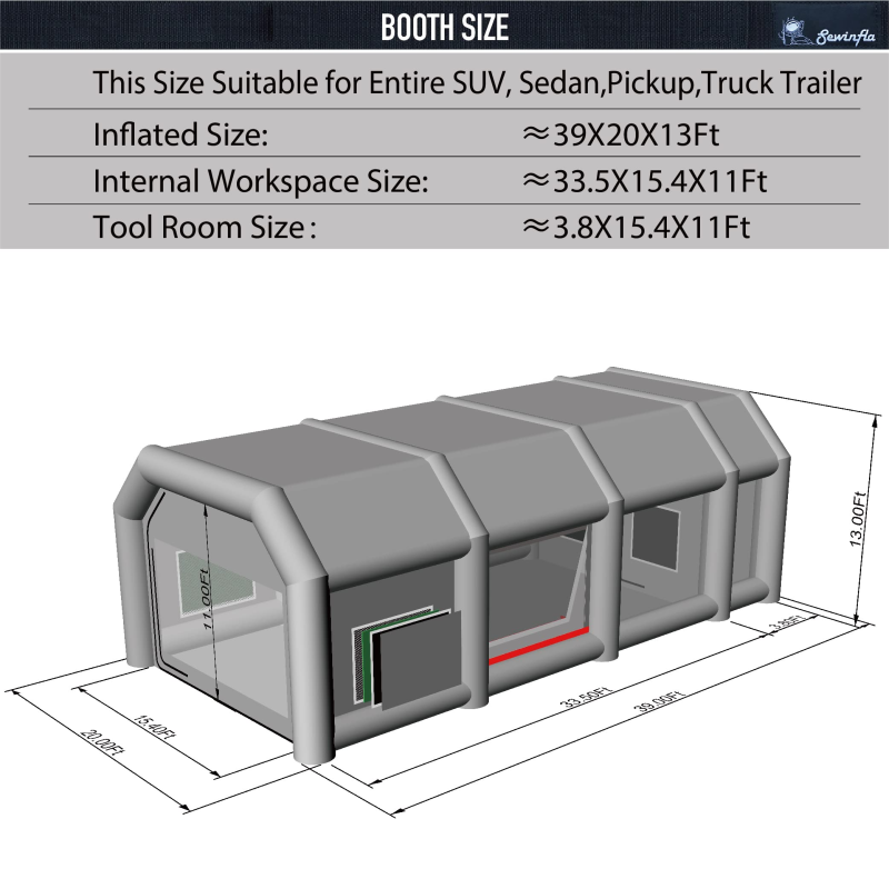 Sewinfla Professional Inflatable Paint Booth 39x20x13Ft with 3 Blowers (950W+950W+950W) & Air Filter System Portable Paint Booth Tent Garage Inflatable Spray Booth Painting for Cars