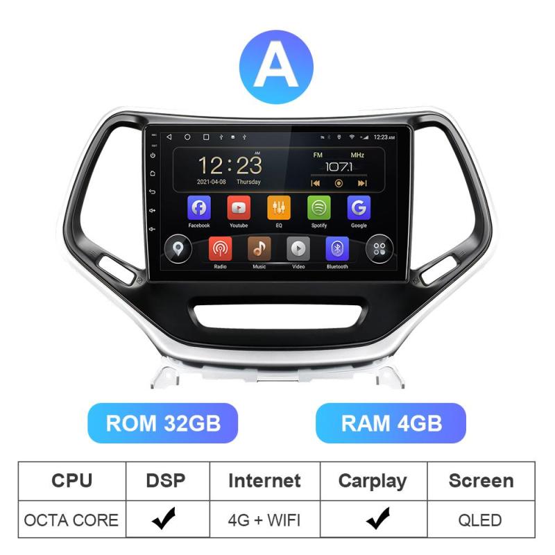 1 Din QLED Car Radio For Jeep Cherokee 5 KL 2014-2018 8GB ROM 128GB