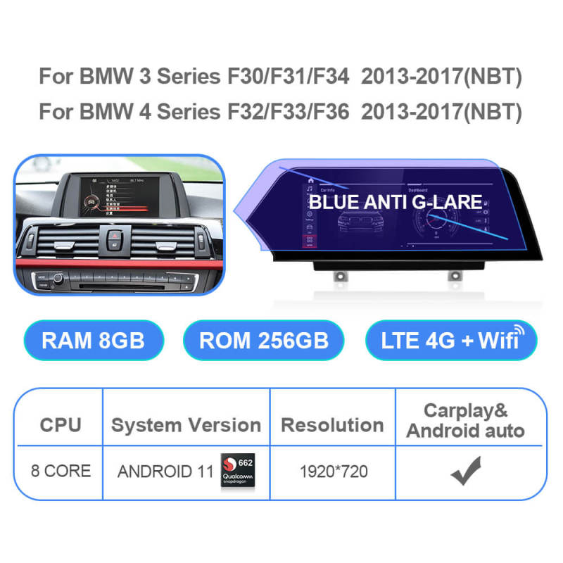 Android 11.0 Car Radio for BMW 3/4 Series F30 F31 F34 F32 F33 F36 NBT System Bule Anti G-lare Screen