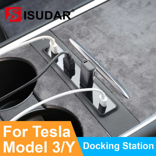 USB HUB For 2021 Tesla Model 3 Model Y USB Splitter Docking Station Extender Fast Charging Data Type-C PD QC For Mobile