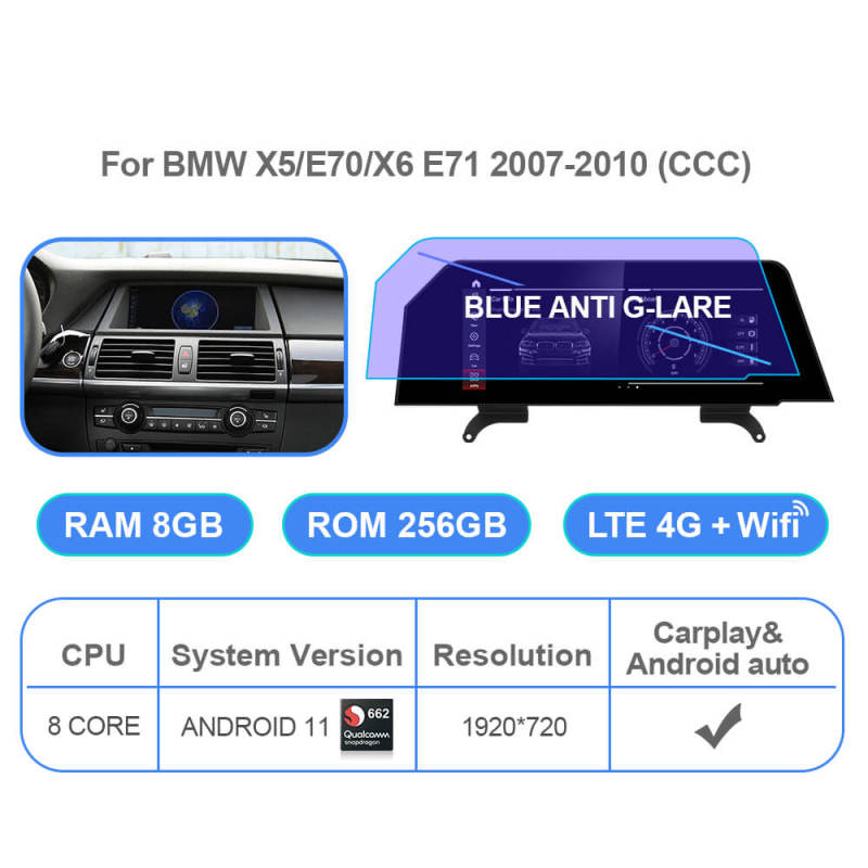 Android 11 Qualcomm Car Radio for BMW X5 E70 X6 E71 2007-2013 CCC CIC Bule Anti G-lare Screen 4G GPS Stereo