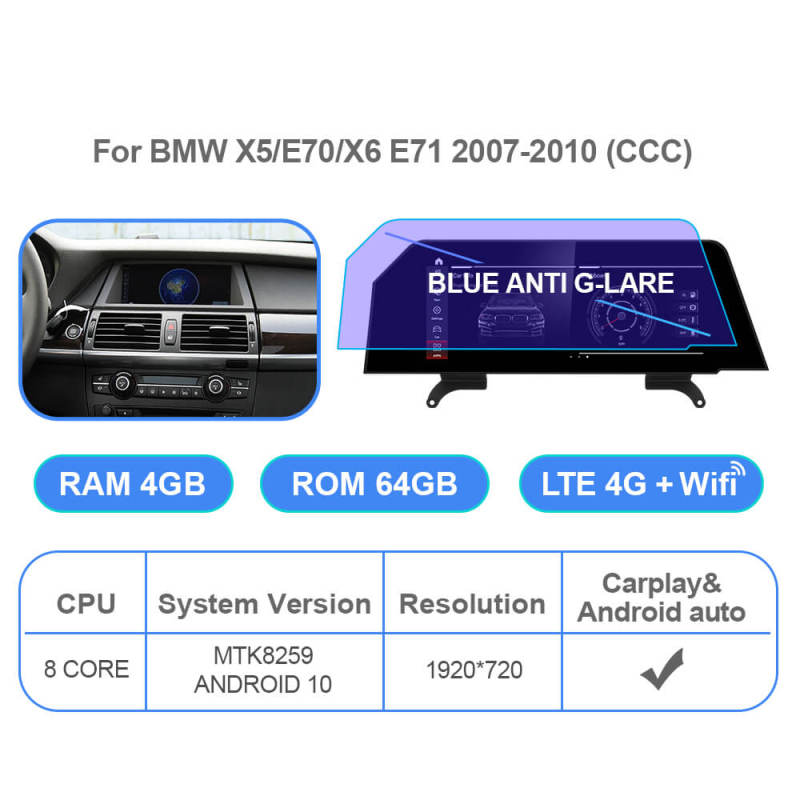 Android 11 Qualcomm Car Radio for BMW X5 E70 X6 E71 2007-2013 CCC CIC Bule Anti G-lare Screen 4G GPS Stereo