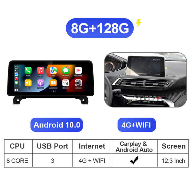 12.3 Inch  Apple Carplay Auto Radio For Peugeot 3008 4008 5008