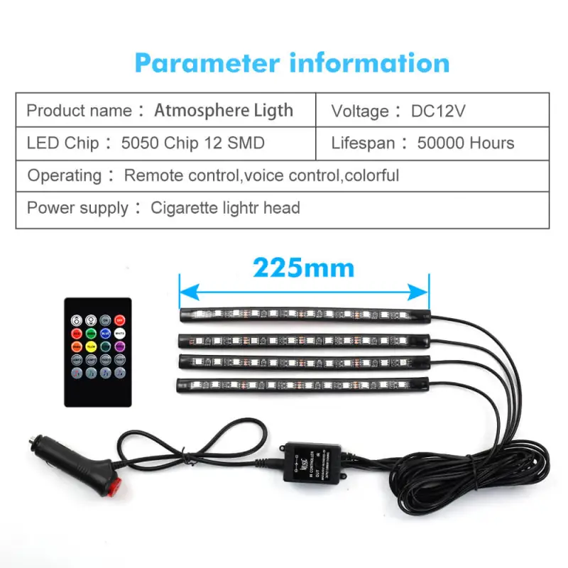 Car Interior Led Ambient Ambient Foot Light with USB Wireless Remote Music Control RGB Neno Light Atmosphere Decorative Lamps
