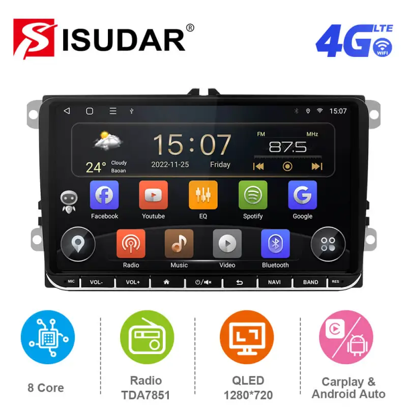 ISUDAR 1 DIN Android 10 Car Radio 8 Inch Screen Universal Car