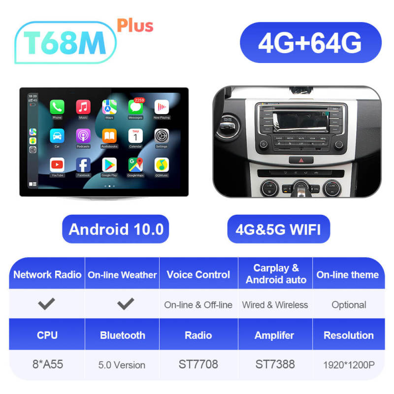 ISUDAR T72 2K 13.1 Inch 1920*1200P Android 10 Car Radio For VW Passat B6 B7