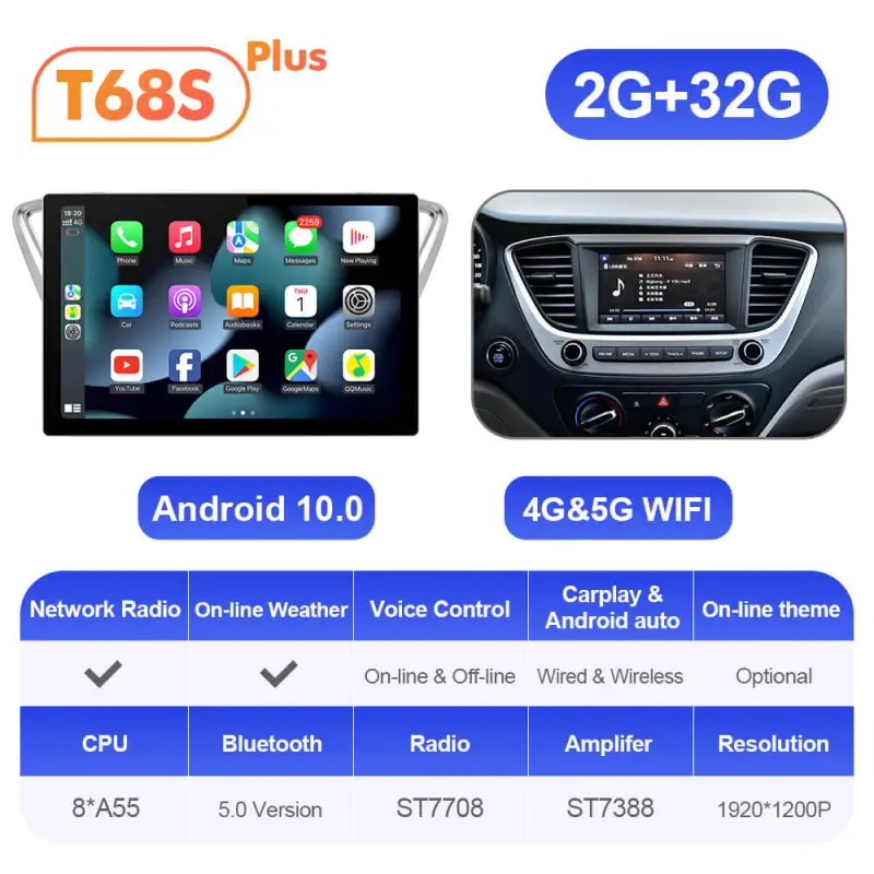 ISUDAR T72 2K 13.1 Inch Android 10 Car Radio For Hyundai Solaris 2 Verna 2017-2020