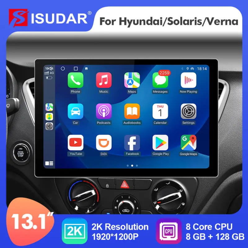 ISUDAR T72 2K 13.1 Inch Android 10 Car Radio For Hyundai Solaris 2 Verna 2017-2020