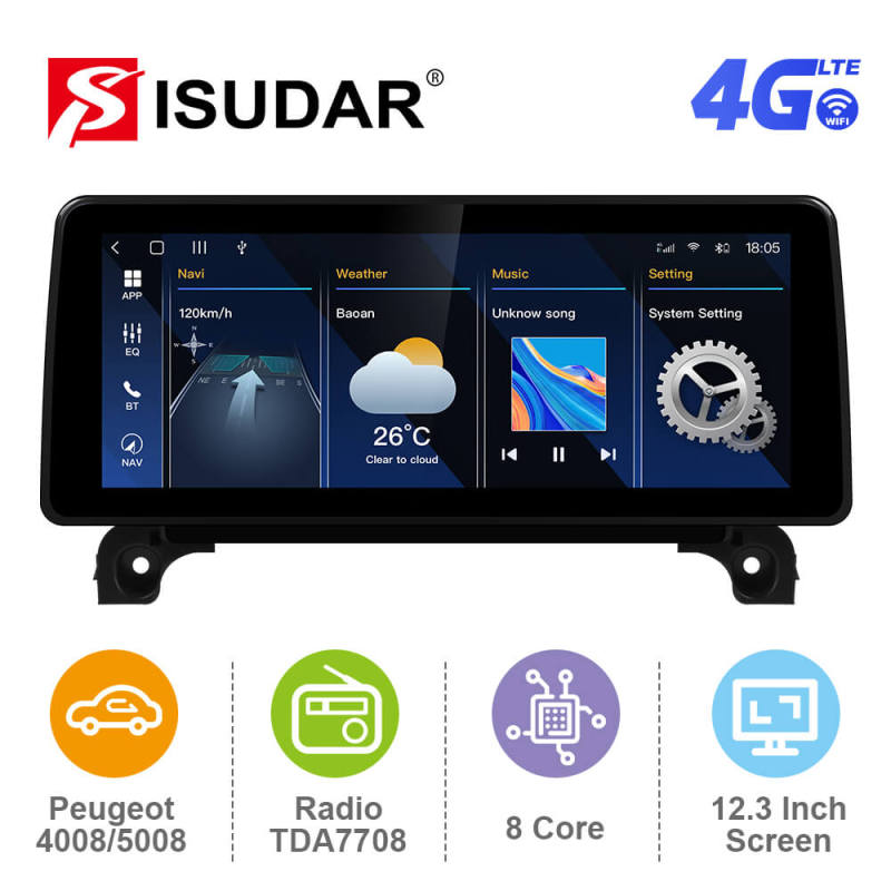 ISUDAR T72 Upgrade Android 12 12.3 Inch Auto Radio For Peugeot 3008 4008 5008 2016-2022