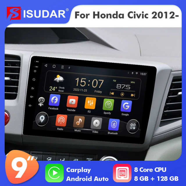 ISUDAR T72 Android 10 Car Radio 9'' For Honda Civic 2012 2013 2014 2015 Wireless Carplay