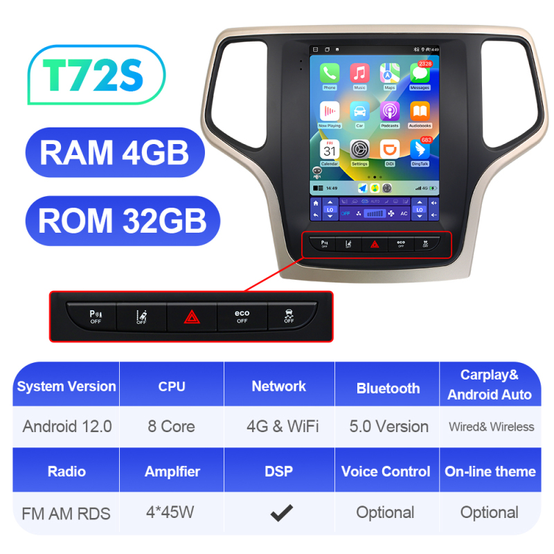 ISUDAR Android 12 Car Radio for Jeep Grand Cherokee 2014-2019 Auto Multimedia Player 2 Din Tesla Vertical