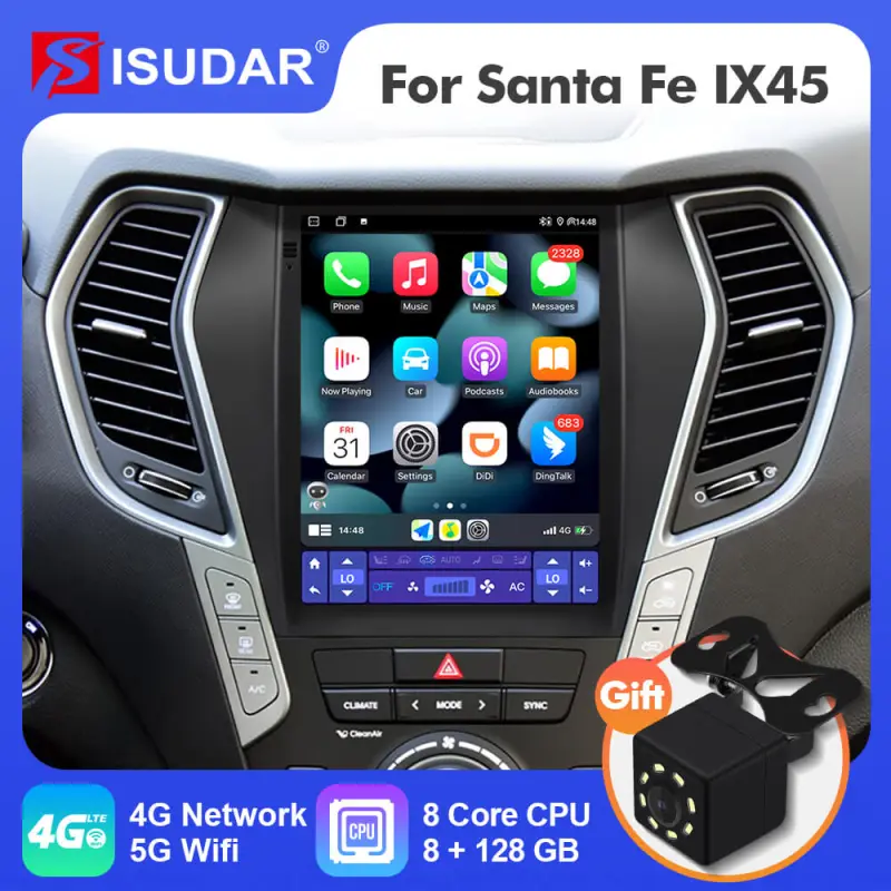 ISUDAR Android 12 Tesla Vertical Car Radio for Hyundai Santa Fe IX45 2013-2018 Auto Multimedia Player