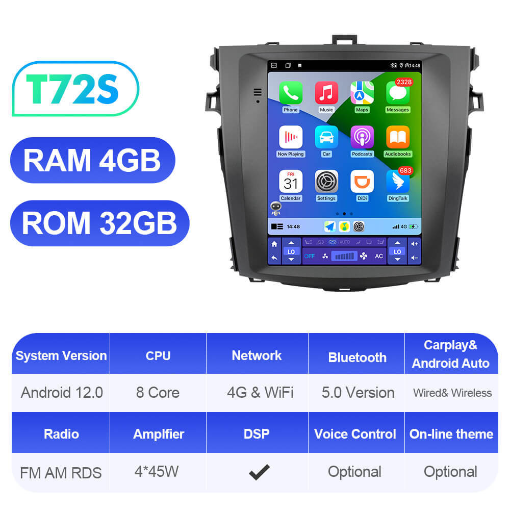 ISUDAR Android 12 Car Radio For Toyota Corolla E140 E150 2006-2013 Multimedia Player 2Din Tesla Vertical GPS Carplay Auto Stereo
