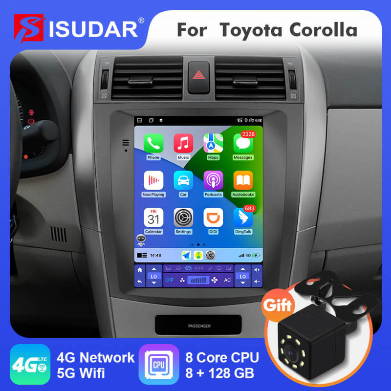 ISUDAR Android 12 Car Radio For Toyota Corolla E140 E150 2006-2013 Multimedia Player 2Din Tesla Vertical GPS Carplay Auto Stereo