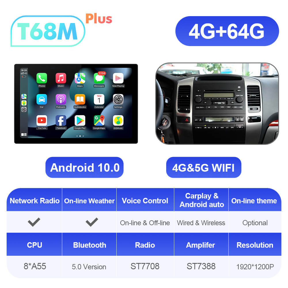 ISUDAR 2K 13.1'' Carplay Car Multimedia Radio Player For Toyota Land Cruiser Prado 120 2002-2009