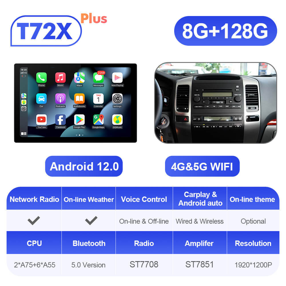 ISUDAR 2K 13.1'' Carplay Car Multimedia Radio Player For Toyota Land Cruiser Prado 120 2002-2009